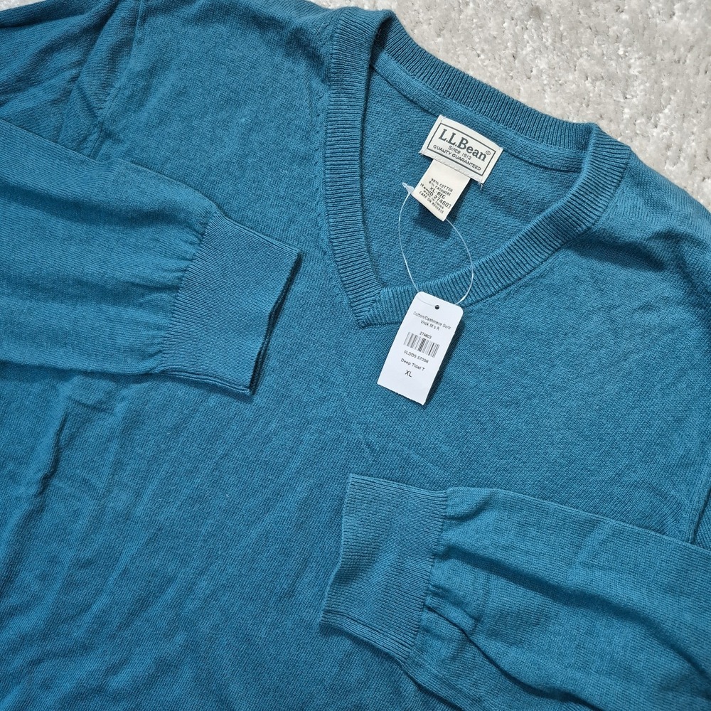 LL Bean Sweater Mens XL Teal V Neck Cotton Cashmere Preppy Classic Grandpa New